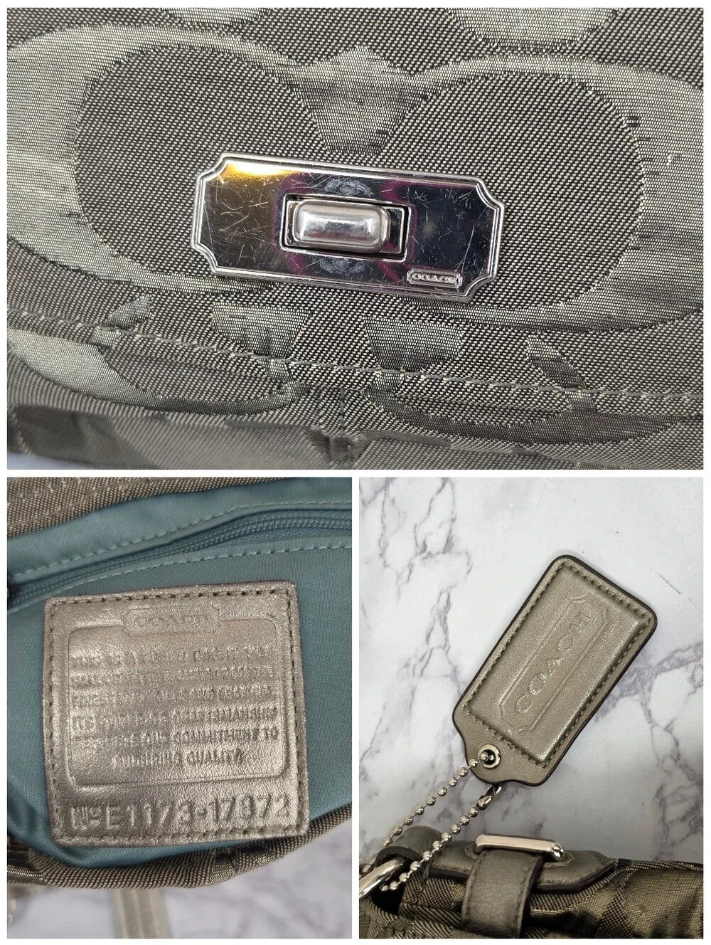 Coach Signature Canvas Jacquard Shoulder Bag in Metallic Pewter Chain Straps